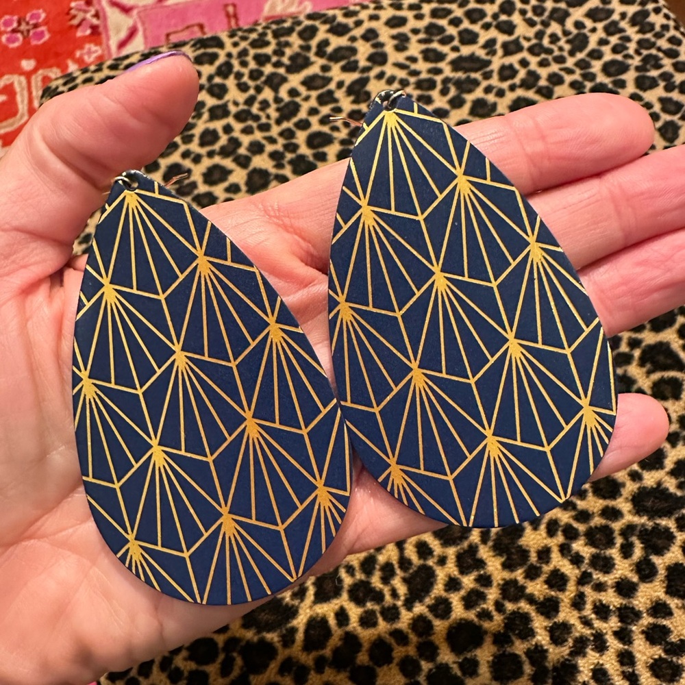 Geometric Blue & Gold Leather Teardrop Earrings - Picture 6 of 8